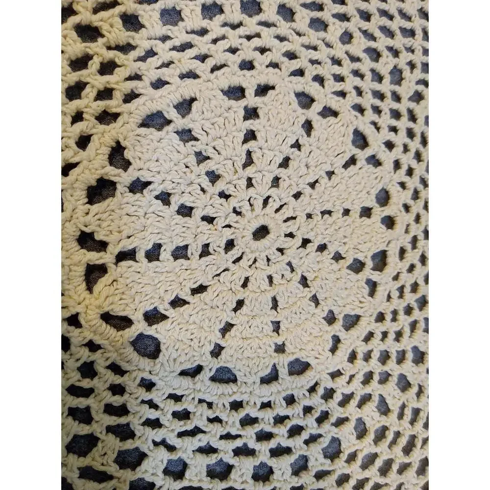 Crochet Doilie Beige 12" L x 10" W Floral Round Knit Vintage - Picture 3 of 5